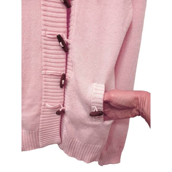 VTG 80s Chunky Cardigan Sz M Pink Knit Wood Toggle Buttons Hooded Barbiecore EUC - Picture 4 of 7